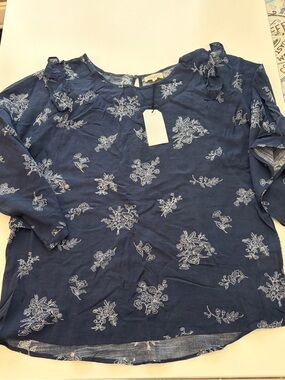 Cotton Bleu/Blue Floral Ruffle Neck Women's Blouse Size Medium NWT